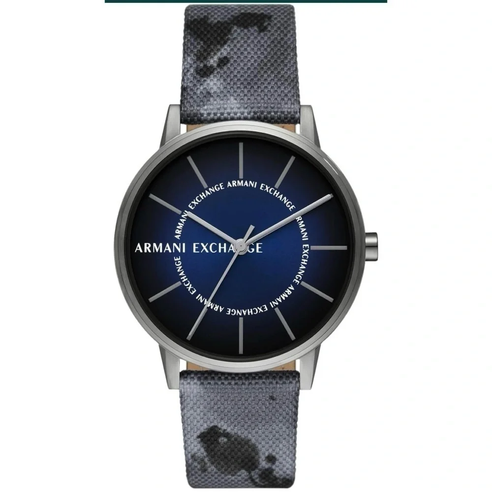 Armani Exchange Watch Stainless Steel Three Hand Blue Camo Mens NWT